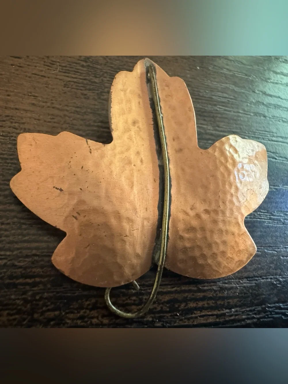 Vintage Hallmark Hammered Copper Tone Leaf Brooch with Dark Central Stripe, Fall